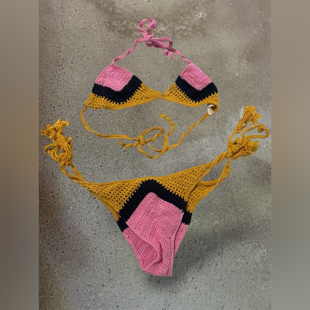 Chic Pink and Gold Crochet Bikini Set